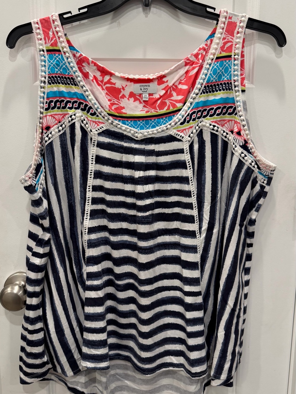 crown & ivy Navy White Striped Tank with Coral Floral Trim